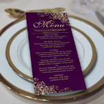 Menu Amigos de Ouro Elegante no Casamento Púrpura de am<br><div class="desc">Este belo menu irá adicionar algum estilo à sua recepção de casamento. Apresenta um belo design com ornamentados de folha falsa e espirais num fundo cor de roxo ou beringela profundo. Há espaço para os nomes do casal e da data do casamento, e o texto é totalmente personalizável. Classy, na...</div>