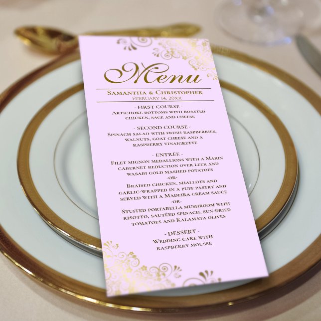 Menu Amigos de Ouro Elegante no Casamento Roxo Lilac (On Plate)