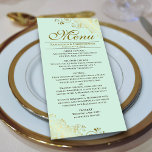 Menu Amigos do Ouro Elegante no Casamento Verde da Casa<br><div class="desc">Este belo menu irá adicionar algum estilo à sua recepção de casamento. Apresenta um belo design com caramujos de folha fina e ornamentado e espirais num fundo cor verde-palha de menta. Há espaço para os nomes do casal e da data do casamento, e o texto é totalmente personalizável. Classy, na...</div>