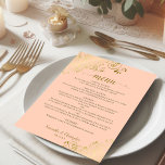 Menu Amigos Dourados Elegantes no Casamento de Pêssego<br><div class="desc">Este belo cardápio de casamento é simples,  elegante,  sofisticado e na moda. Apresenta um belo design de cor de pêssego de coral com caligrafia de guiões de ouro e delicados caramujos e ouros nos cantos. O fundo é uma bela cor dourada marmoreada.</div>
