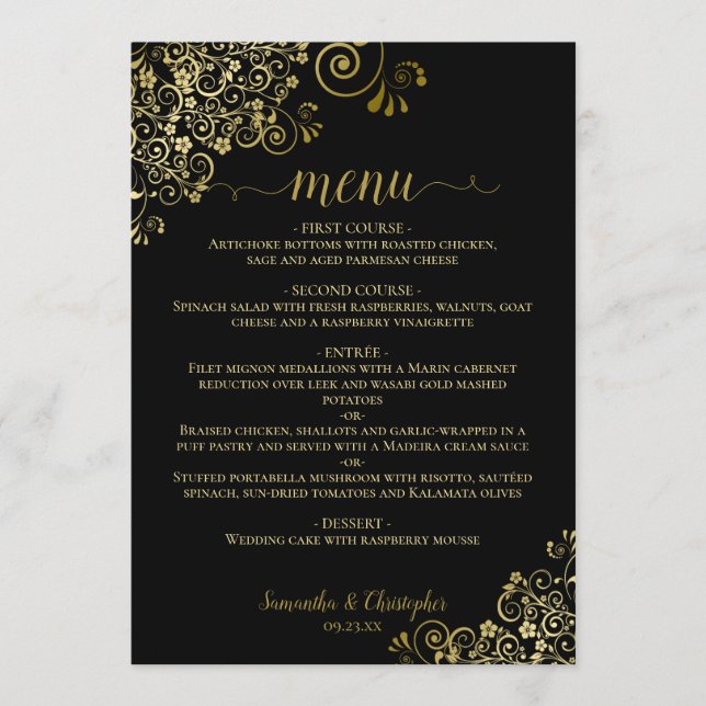 Menu Amigos Dourados Elegantes no Casamento Negro Cláss (Frente)
