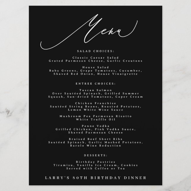 Menu Aniversário Caligrafia Preto Branco Clássico (Frente)