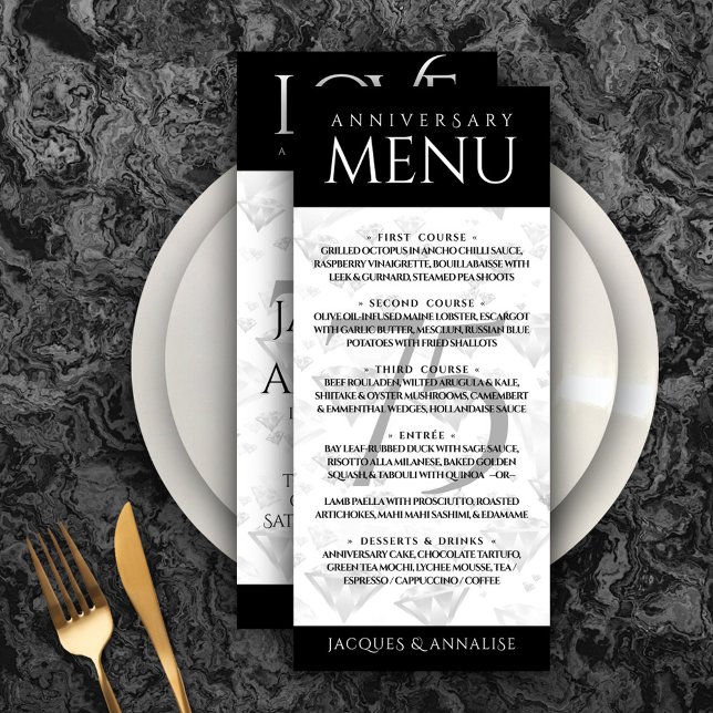 Menu Aniversário de Casamento de Diamante Elegante 75 (Elegant 75th Diamond Wedding Anniversary Menu 
Rack Card Cover Photo.)