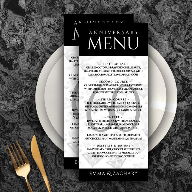 Menu Aniversário de Casamento do Elegante 60º Diamond (Elegant 60th Diamond Wedding Anniversary Menu Rack Card Cover Photo.)
