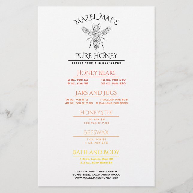 Menu Apiary Honey Personalizado (Frente)