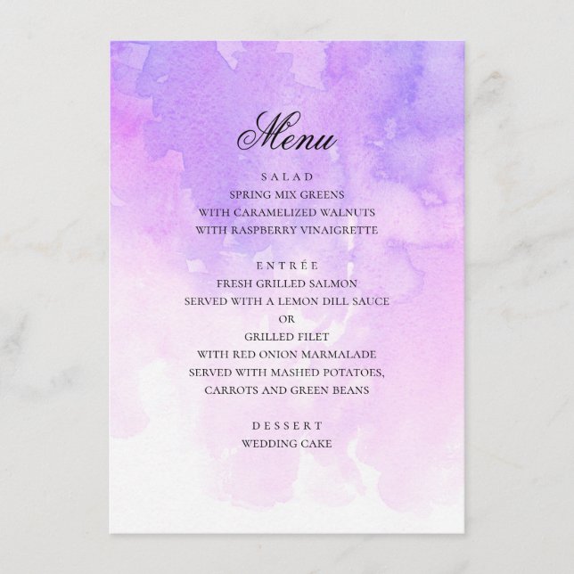 Menu Aquarela casamento roxo. Romântico lavanda (Frente)