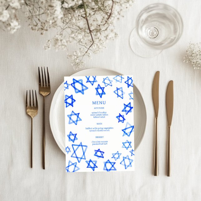 Menu Aquarela Estrela de Davi Bar e Bat Mitzvah Azul (Watercolor Blue Star of David Bar Bat Mitzvah Jewish Wedding Custom Menu
)