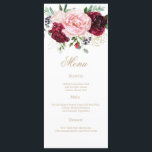 Menu Aquarela floral moderna elegante<br><div class="desc">Nosso cartão de janto de casamento Burgundy Blush e ouro é perfeito para um casamento elegante. A design romântica moderna apresenta flores românticas de aquarela em tons suaves de ameixa, burgundy, rosa-pincel e branco-creme com acentos de ouro e verde. Este menu pode ser usado para recepção de casamento, janto de...</div>