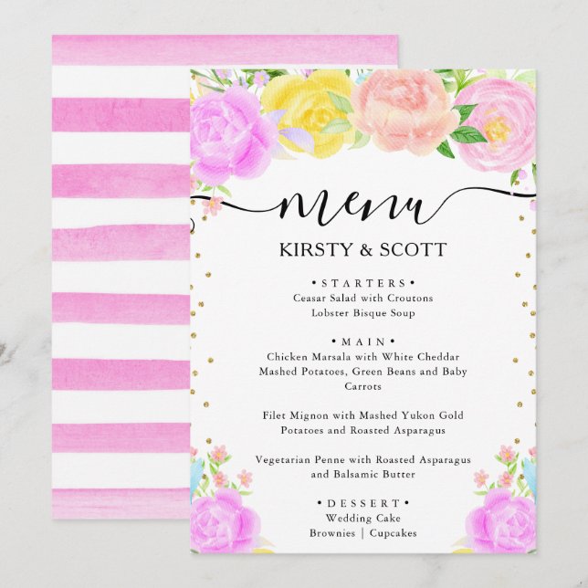 Menu Aquarela Flores Rosa, Amarelo e Azul Casamento (Frente/Verso)
