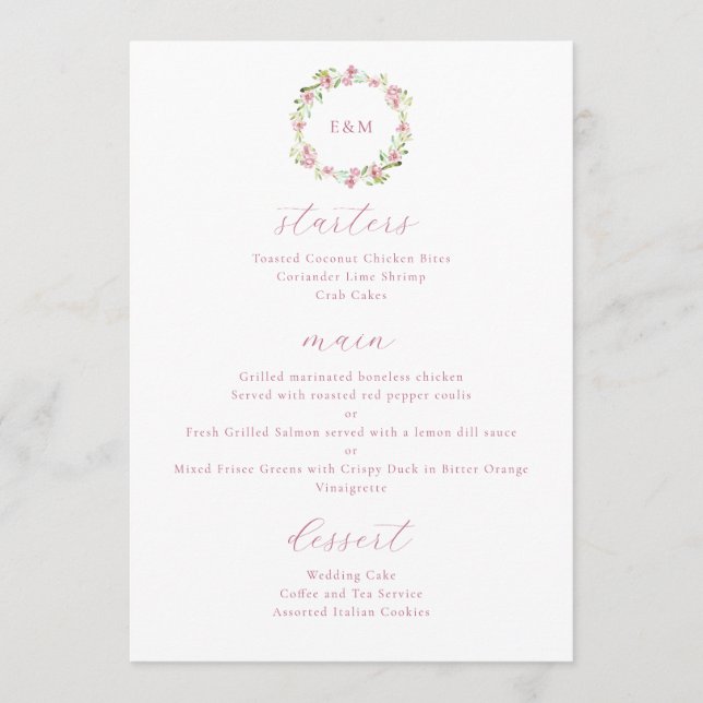 Menu Aquarela Flores Rústicas Rosa Bege (Frente)