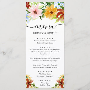 Menu Aquarela Flores Vermelho Amarelo Azul Casamento