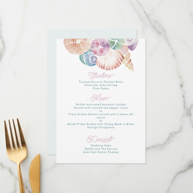 Menu Aquarela Marinha Conchas em Azul, Roxo Laranja (Frente/Verso In Situ)