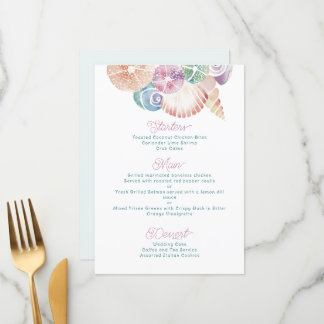 Menu Aquarela Marinha Conchas em Azul, Roxo Laranja