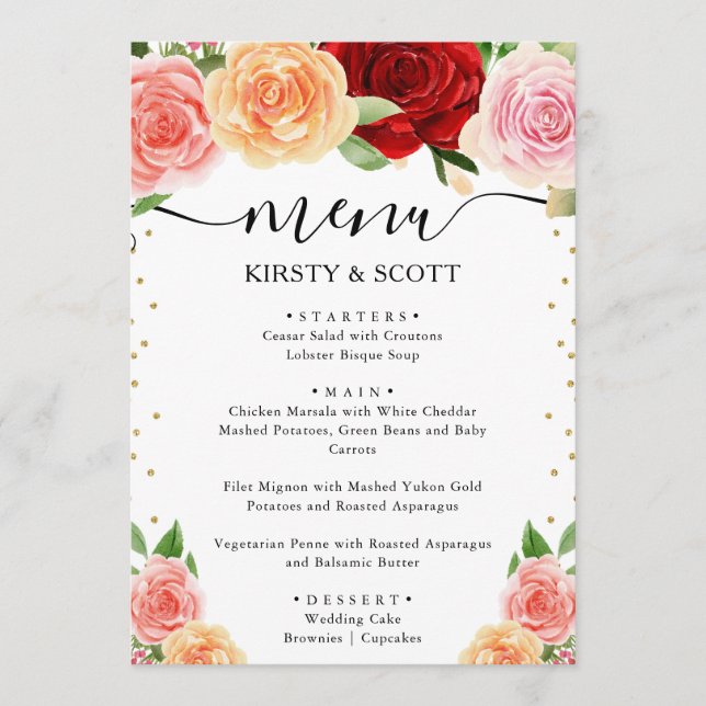 Menu Aquarela Rosas Vermelhas e Laranjas Casamento (Frente)