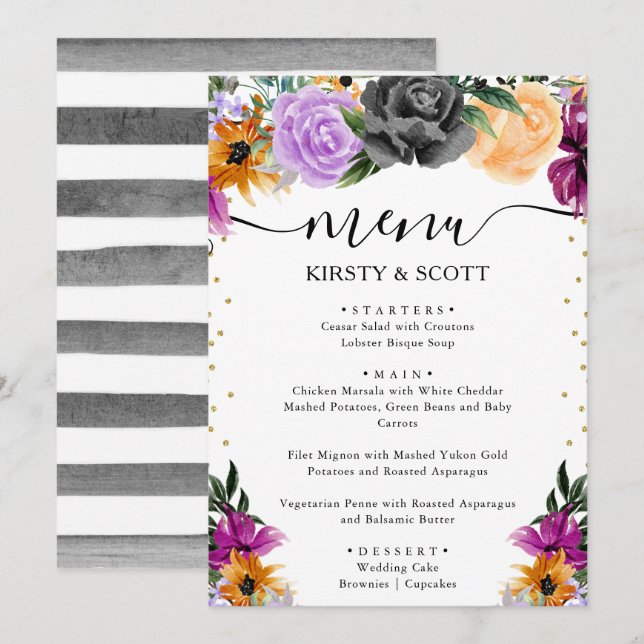 Menu Aquarela Roxo Laranja Preto Flores Casamento (Frente/Verso)