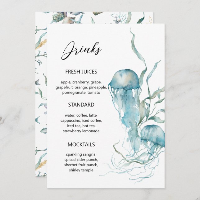 Menu Aquarela Submarina Água-viva Recife de Coral Cardá (Frente/Verso)