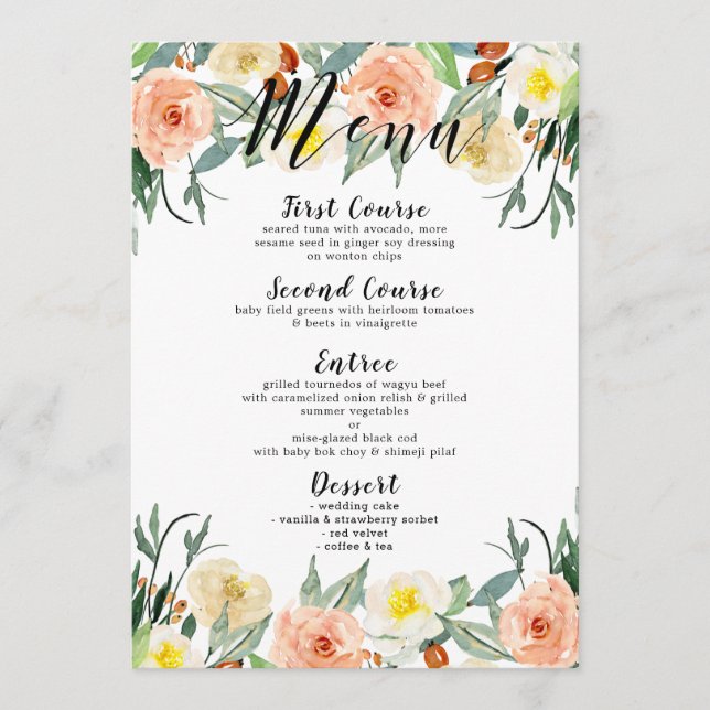 Menu Aquarelas Peach & White Garden Flowers (Frente)