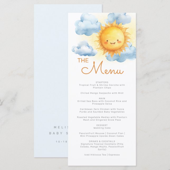 Menu Aqui Vem o Filho Festa de Chá de Bebê (Frente/Verso)