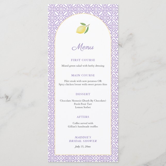 Menu Arco de Limões Lavanda Festa de Chá de Noiva (Frente)