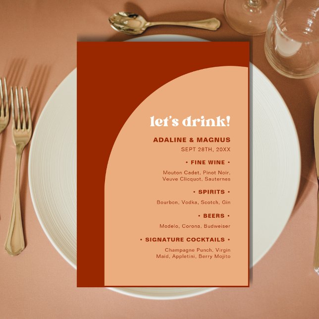 Menu Arco de Terracota Chic Peach Vamos Beber Casamento (Chic peach terracotta arch wedding menu adds warm style while showcasing your drink selection.)