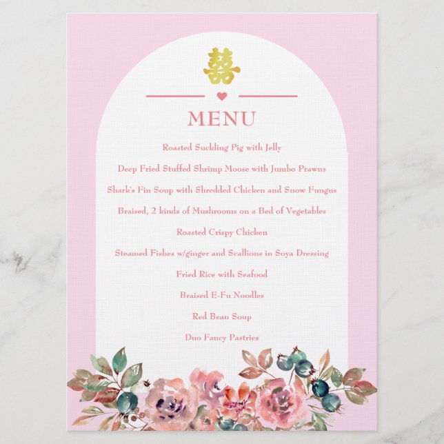 Menu Arco floral branco rosa Casamento chinês duplo xi (Frente)