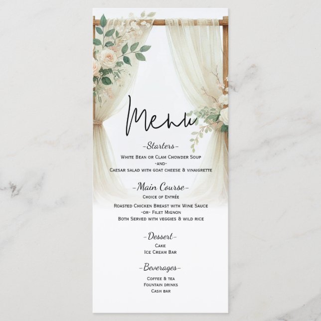 Menu Arco Floral de Madeira com Folhagens e Rosas Cardá (Frente)