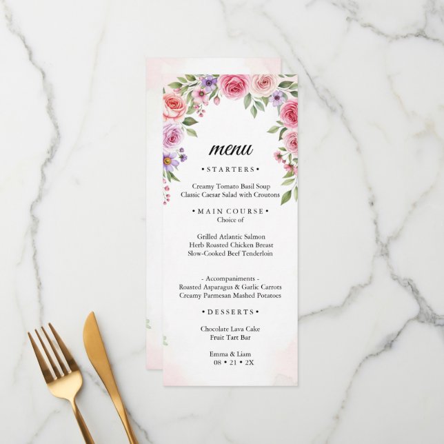 Menu Arco Floral Rosa e Roxo Aquarela Casamento  (Frente/Verso In Situ)