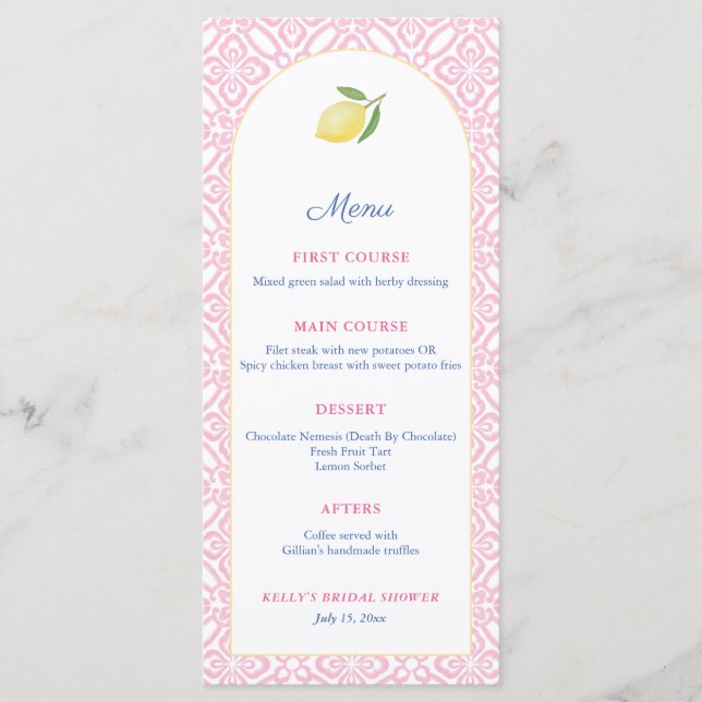 Menu Arco Rosa Menina Com Festa de Chá de Bebê Limão (Frente)