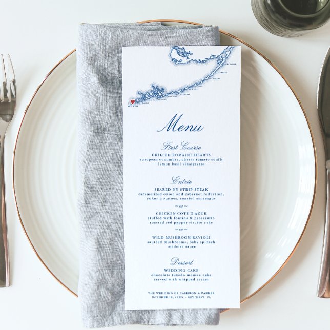 Menu Armamento Azul de Marinho Elegante do Mapa FL Ocid (Key West FL Map wedding menu for an elegant navy blue destination wedding from Coastal Map Designs)