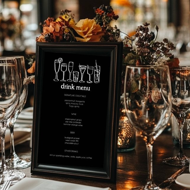 Menu Arranjo de Coquetéis Arranque Moderno de B&W Bebid (Cocktails Doodle Sketch Modern B&W CUSTOM Drink Menu Birthday Party Wedding ENgagement Anniversary)