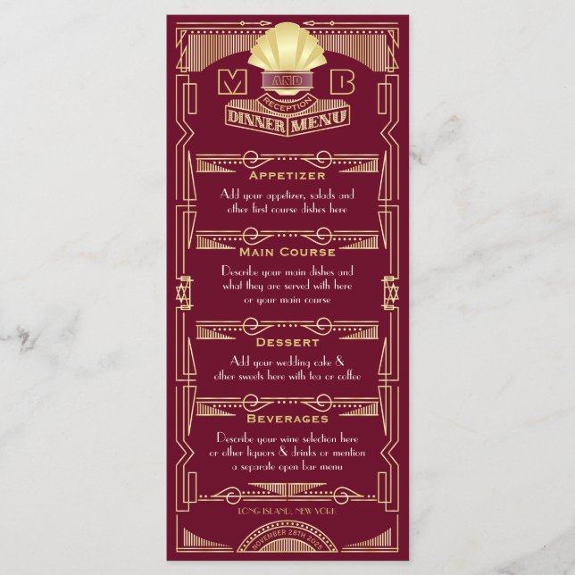 Menu Art Deco Recepção de casamento Janto Dourado Burgu (Frente)