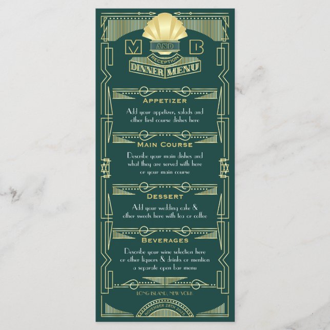 Menu Art Deco Recepção de casamento Partido do Janto Do (Frente)