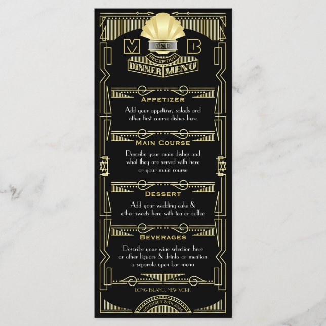 Menu Art Deco Recepção de casamento Partido Dourado Neg (Frente)