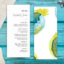 Menu Arte Abstrata Aquarela Amarela Azul Casamento Únic
