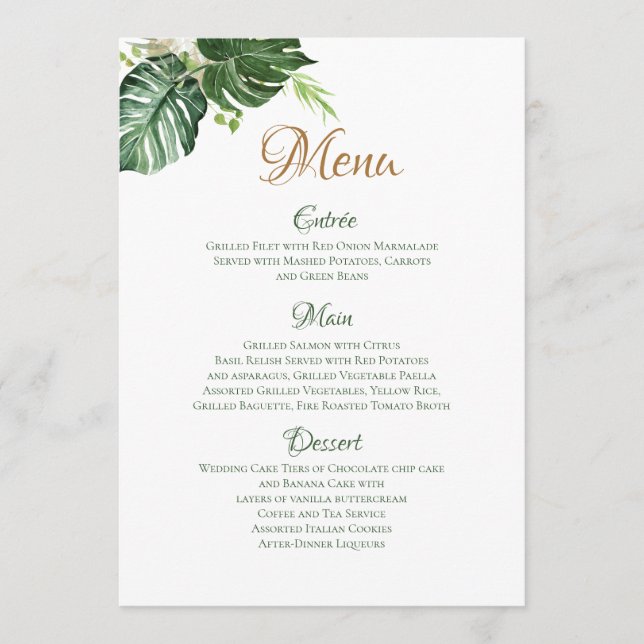 Menu Arte de Casamento Geométrico Tropical Folhas de Pa (Frente)
