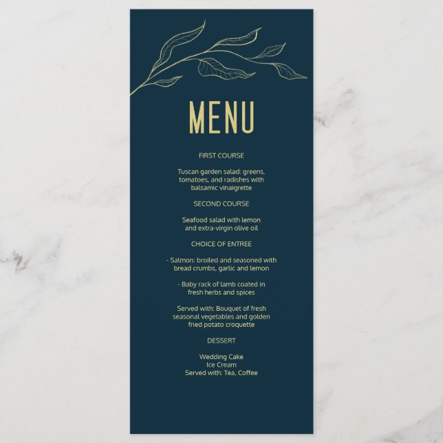 Menu Arte de Linha Dourada Deixa Casamento Elegante Azu (Frente)
