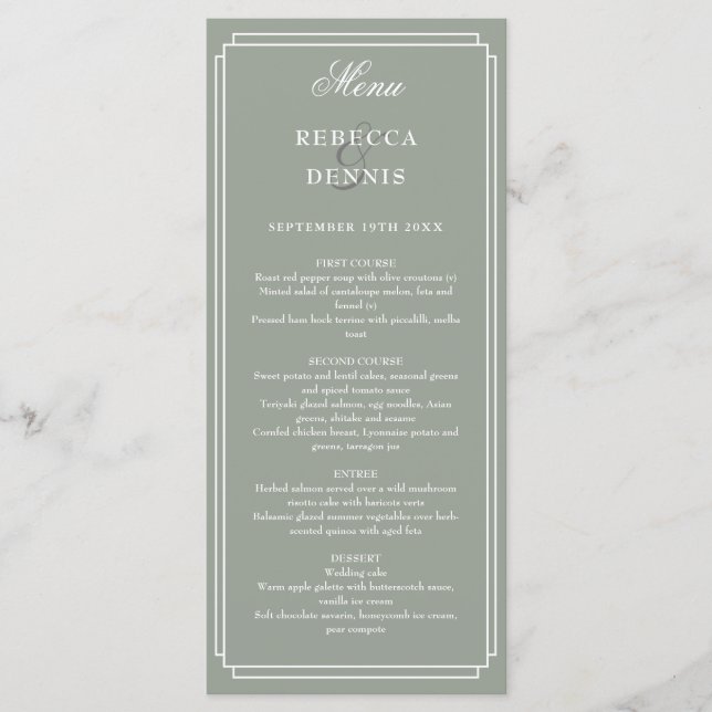 Menu Arte Deco Clássica Elegante Casamento Verde Sage (Frente)