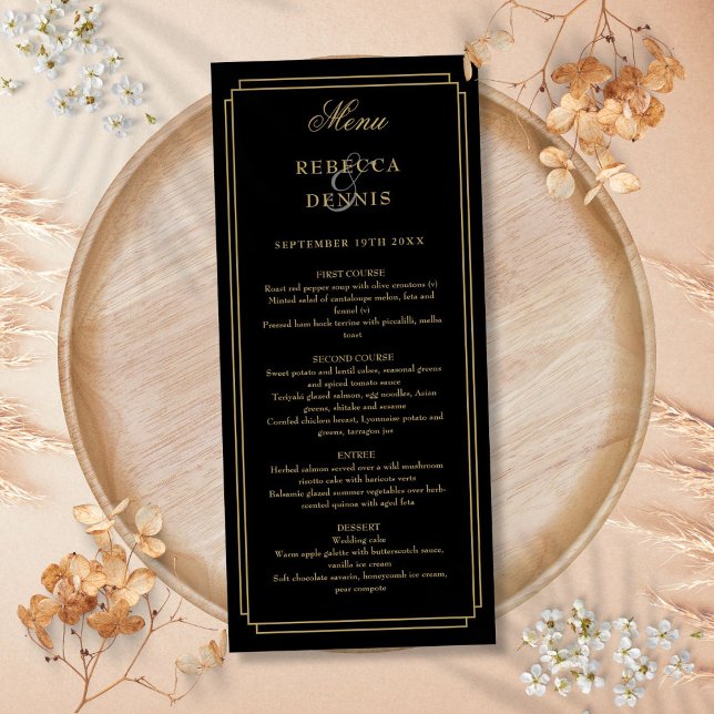 Menu Arte Deco Clássico Preto e Dourado Casamento (Classic Art Deco Black And Gold Wedding Menu)