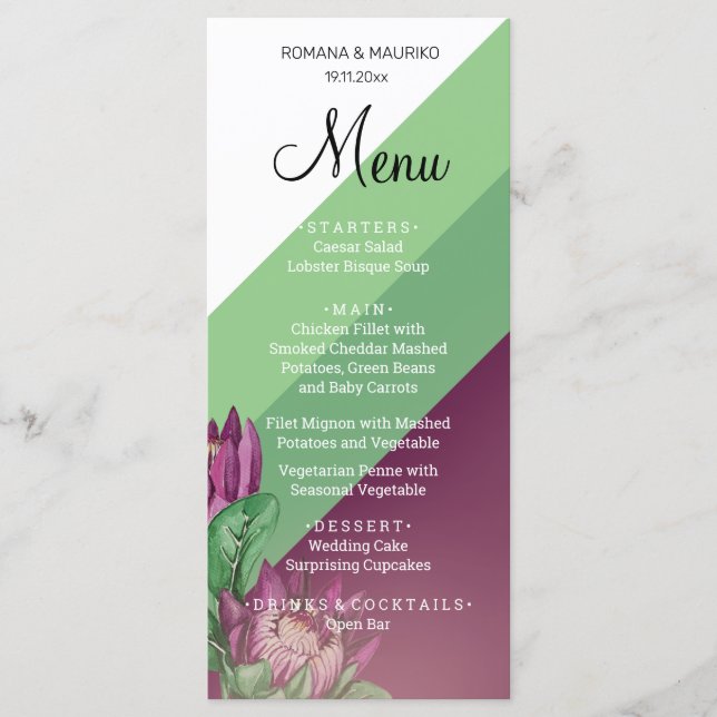 Menu Arte em Aquarela Protea King Verde Roxo (Frente)