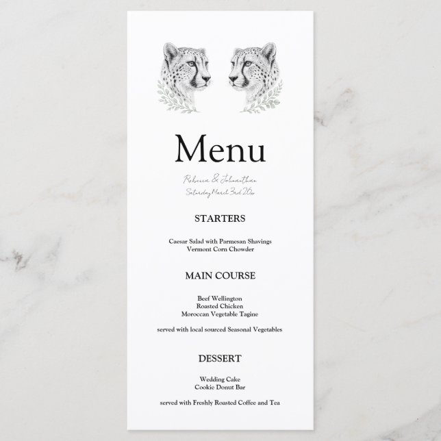 Menu Arte Moderna de Guepardo Recepção de Casamento Ele (Frente)