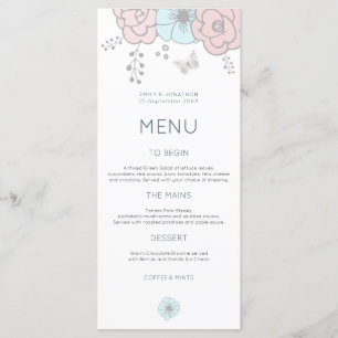 Menu Artsy Modern Florals Borboleta Rosa Casamento Azul