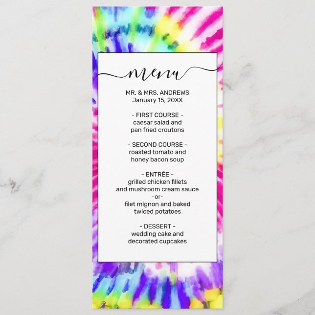 Menu Artsy Neon Rainbow Tie Dye Watercolor Patterno (Frente)