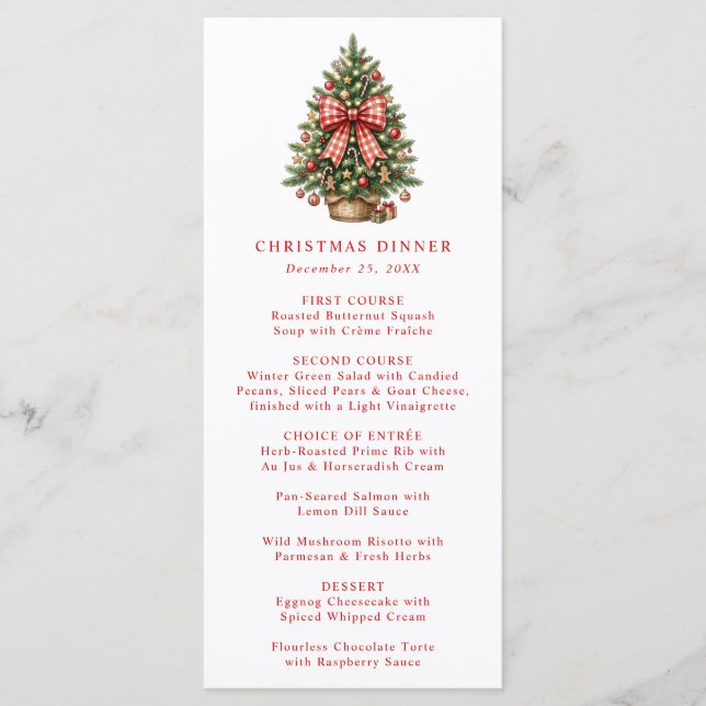 Menu Árvore de Natal em Aquarela Elegante com Laço de G (Frente)