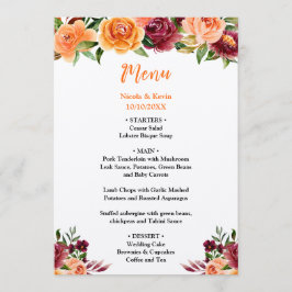 Menu Autumn Burgundy and Orange Floral Wedding