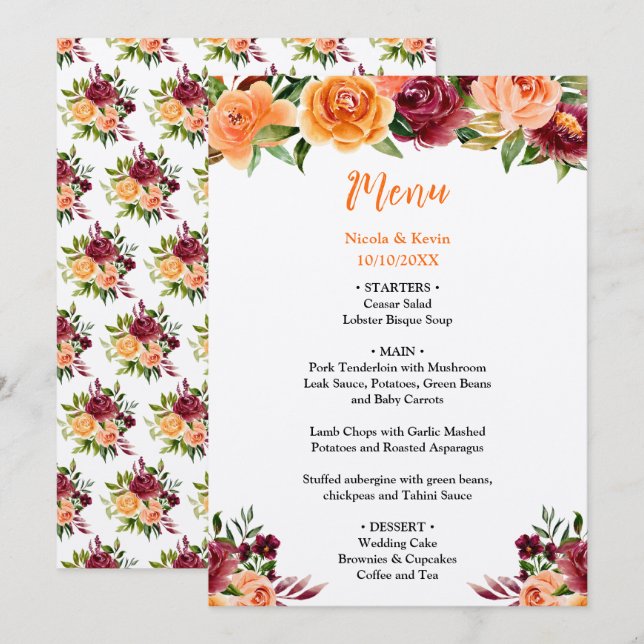Menu Autumn Burgundy and Orange Floral Wedding (Frente/Verso)