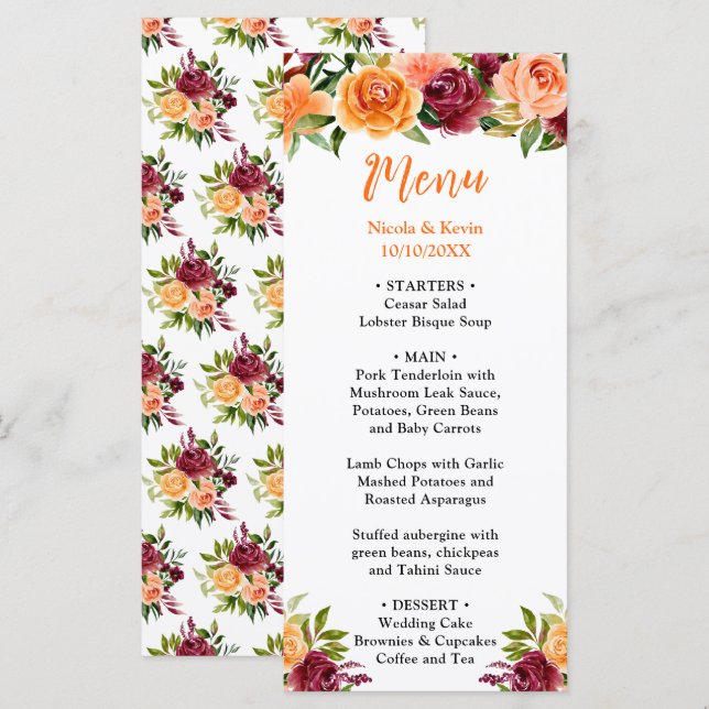 Menu Autumn Burgundy and Orange Floral Wedding (Frente/Verso)