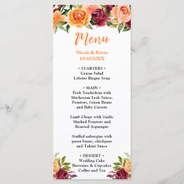 Menu Autumn Burgundy and Orange Floral Wedding