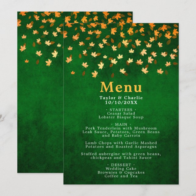 Menu Autumn Deixa Casamento Dourado e Verde (Frente/Verso)