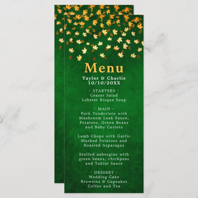 Menu Autumn Deixa Casamento Verde e Dourado (Frente/Verso)