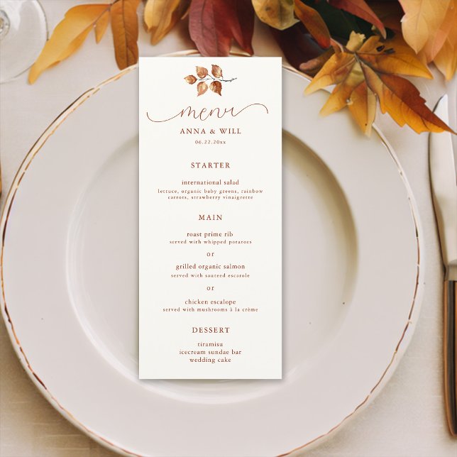 Menu Autumn Deixa Terracotta Elegante Casamento outono  (autumn leaves fall wedding menu card watercolor terracotta elegant romantic calligraphy simple class)